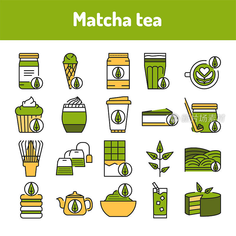 Matcha tea color line icons set. Pictograms for web page, mobile app, promo.
